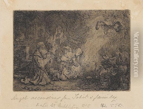 The Angel Departing From The Family Of Tobias (bartsch 43) Oil Painting - Rembrandt Van Rijn