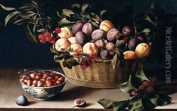 Still-Life with a Basket of Fruit c. 1630 Oil Painting - Louise Moillon