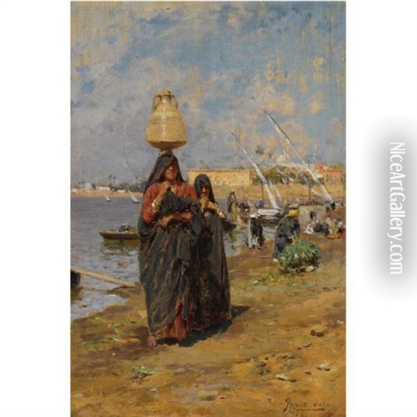 Women By The Nile Oil Painting - Augusto Lovatti