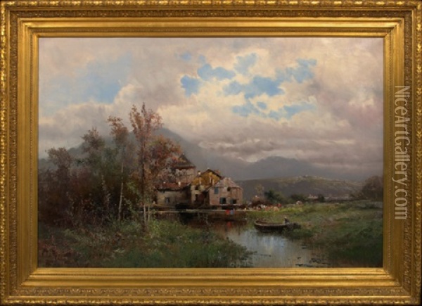 View Of A House In The Valley, Pyrenees Beyond Oil Painting - Emile Godchaux