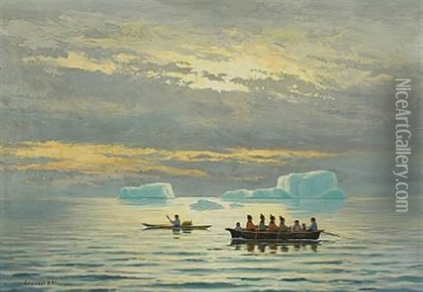 Greenlandic Landscape With Women's Boat And Kayak Oil Painting - Emanuel A. Petersen
