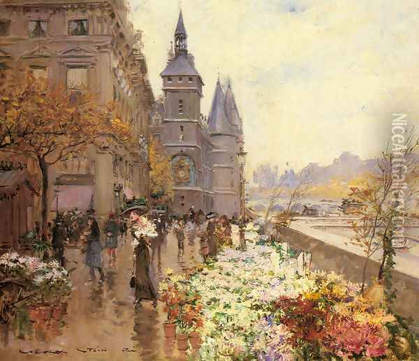A Flower Market Along the Seine Oil Painting - Georges Stein