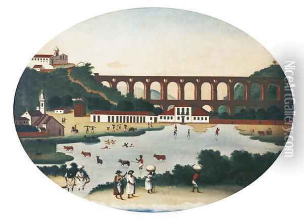 The Boqueirao Lagoon with the Lapa Aqueduct Rio de Janeiro Oil Painting - Leandro Joaquim