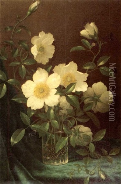 Wild Roses In A Glass Vase Oil Painting - Martin Johnson Heade