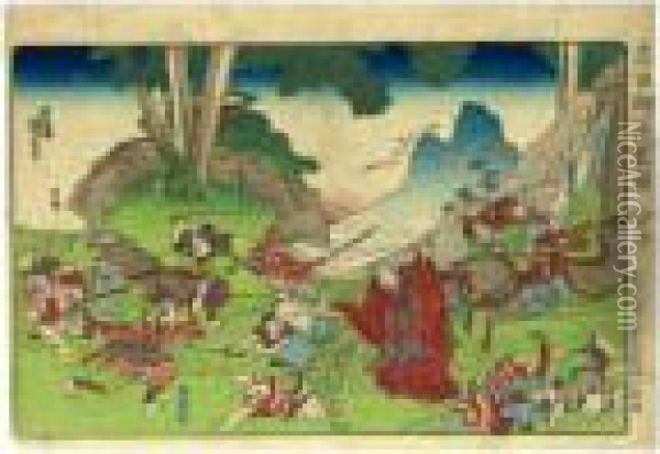 ````facing Tojio At Komatsu 
Fields, November 1264', From The Series ````koso Goichidai Ryakuzu' (a 
Short Pictorial Biography Of The Founder Of The Nichiren Sect) Oil Painting - Utagawa Kuniyoshi
