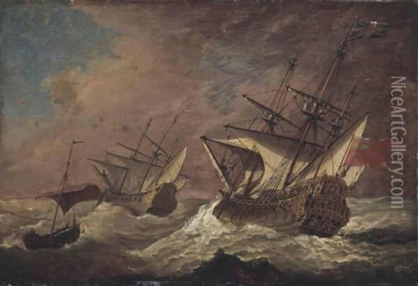 The English Ship Resolution In A Gale With Another Ship Ahead, And A Small Fishing Boat In The Foreground Oil Painting - Willem van de Velde III
