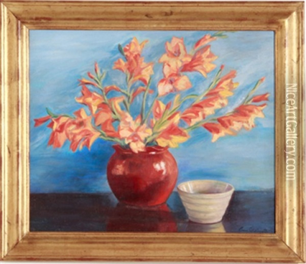 Still Life: Gladioli In Red Vase And Bowl Oil Painting - Emma S. Gilchrist