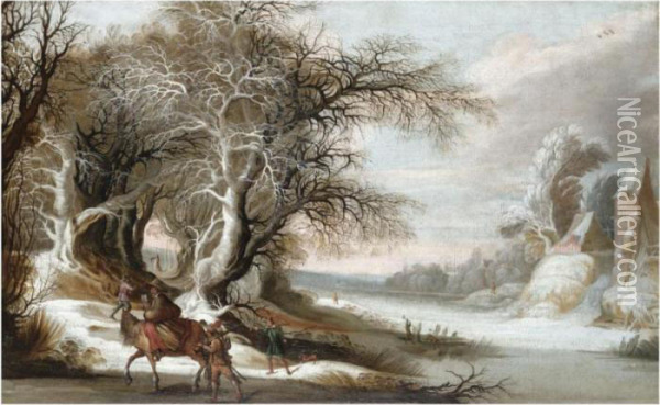 A Winter Landscape With Men 
Returning From The Hunt, And A Woman With A Child On Horseback Oil Painting - Gijsbrecht Leytens