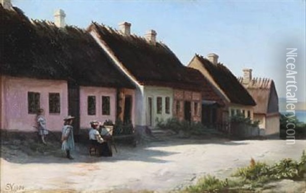 Street Scape With An Female Artist At The Easel, Presumably The Artist's Wife, Yelva Vermehren Oil Painting - Sophus Vermehren