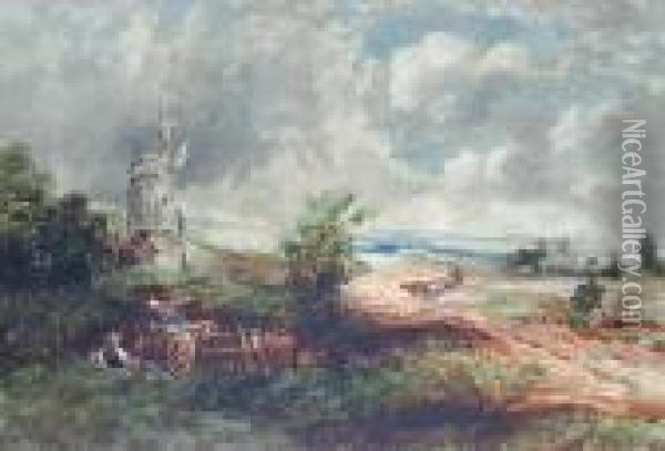 Bracken Gatherers Before A Windmill Oil Painting - David Cox