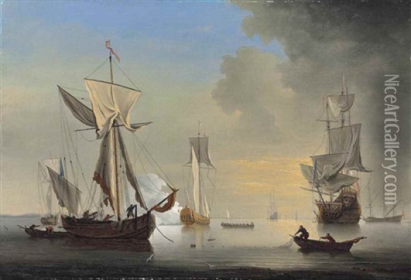 An English Galliot At Anchor With Fishermen Laying A Net Oil Painting - Willem van de Velde the Younger