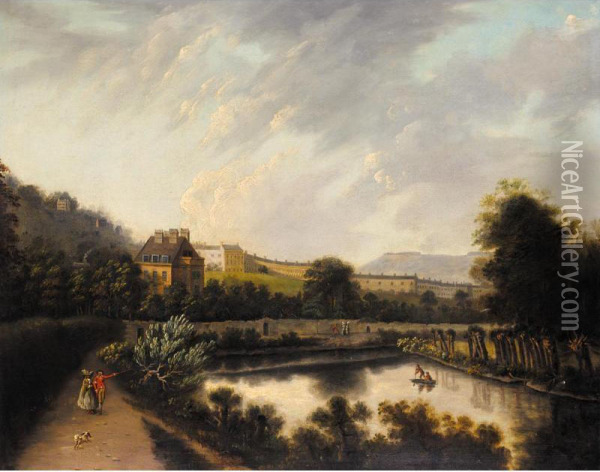 A View Of Royal Crescent, Bath, A Couple Walking In The Foreground Oil Painting - Edmund Garvey