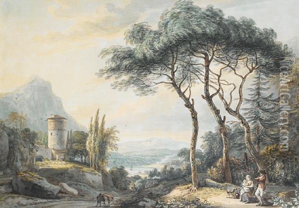 An Italianate Landscape With A 
Family Resting Beneath A Tree And Boats On A River In The Distance Oil Painting - Paul Sandby