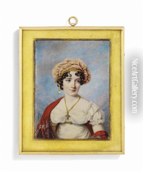A Young Lady, In White Dress, Wearing Pink Turban And Red Cashmere Shawl, Gold Crucifix Around Her Neck Oil Painting - Lorenzo Theweneti