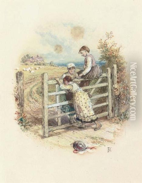 Three Children Playing On A Gate Oil Painting - Myles Birket Foster