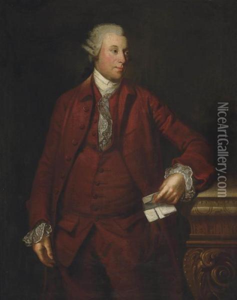 Portrait Of A Gentleman, 
Three-quarter-length, In A Red Coat And Waistcoat, Holding A Letter In 
His Left Hand Oil Painting - Sir Joshua Reynolds