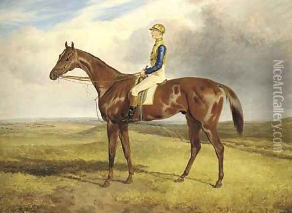 James Goater on Sultan, winner of the Newmarket Cambridgeshire 1855, in a landscape Oil Painting - Thomas Barratt Of Stockbridge
