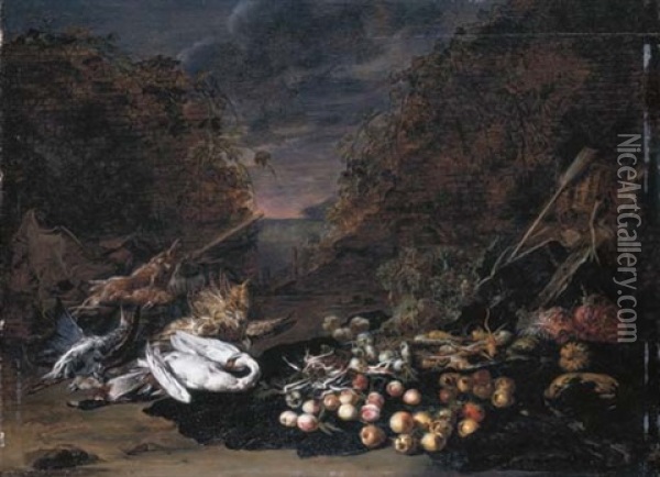 A Swan, A Mallard, A Bittern And Rabbits And Fruits And Vegetables, A Landscape Beyond Oil Painting - Jan van Kessel the Elder