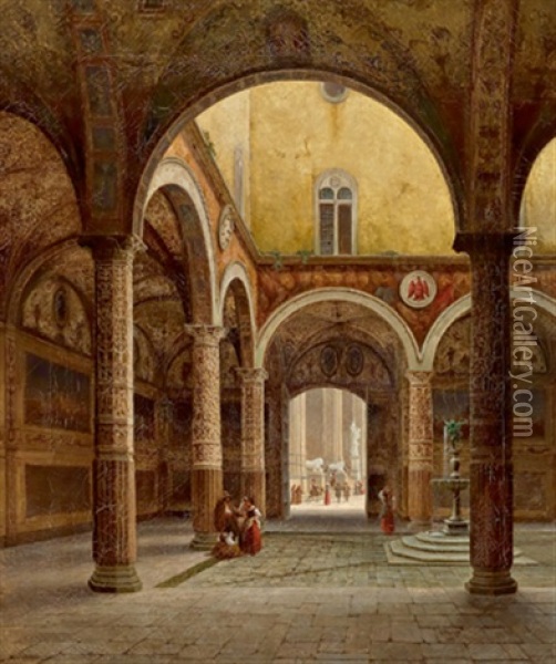Im Innenhof Des Palazzo Vecchio, Florenz Oil Painting - Julius Edward W. Helfft