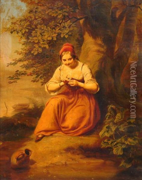 A Young Woman Seatedby A Stream Oil Painting - Johann, John Jacobe