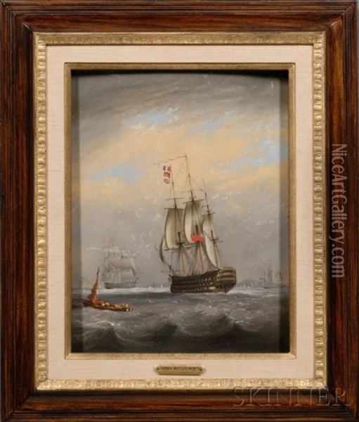 British Warship In Harbor Oil Painting - Thomas Buttersworth