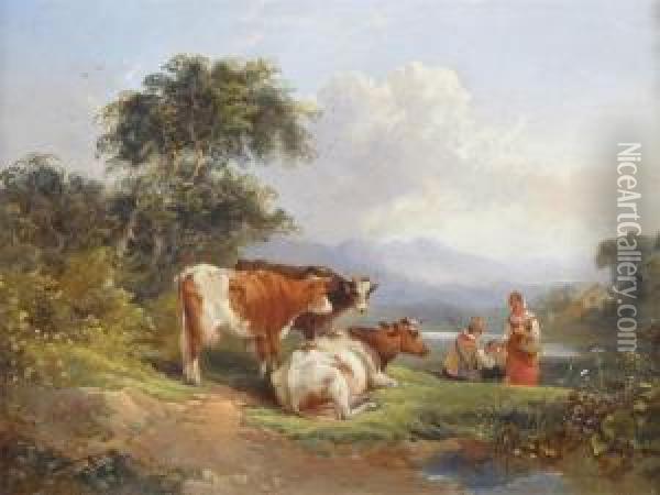 Pastoral Scene With A Family And Cattle By A River Oil Painting - Joseph Horlor
