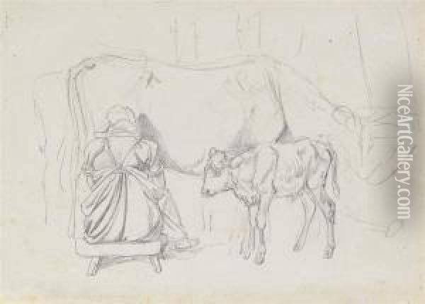 A Woman Milking A Cow Oil Painting - Johan Adam Klein