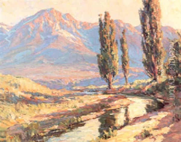 Mountain, Trees And River Oil Painting - Benjamin Chambers Brown