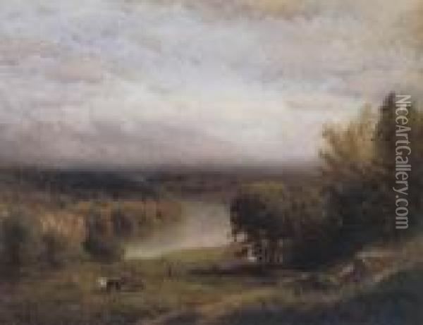 Farmhouse In A River Valley Oil Painting - Alexander Helwig Wyant