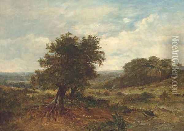 A distant figure in an extensive landscape with a tree in the foreground Oil Painting - English School