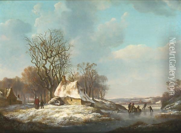 A Winter Landscape With Skaters On The Ice Oil Painting - Nicolaas Barnouw
