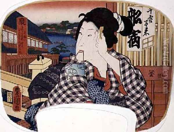 Summer the river at Ryoguku A geisha combing her hair Oil Painting - Utagawa Kunisada