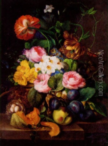 Stilleben Med Blommor, Frukter Och Fagelbo Oil Painting - Barbara (Betty) Croneborg