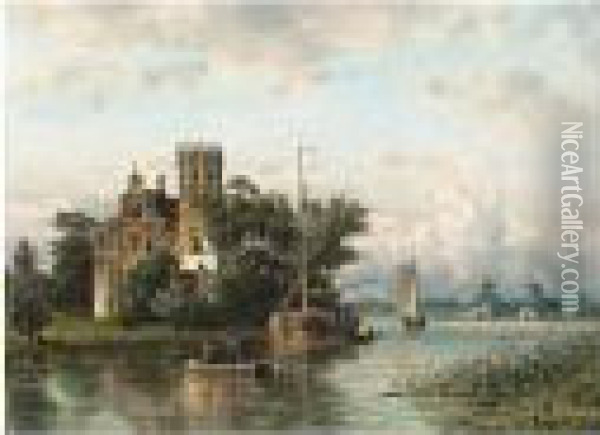 A River Landscape With Sailing Vessels Near A Town Oil Painting - Johannes Josephus Destree