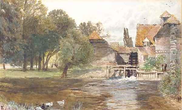 Study of a figure beside a watermill, with ducks in the foreground Oil Painting - Myles Birket Foster