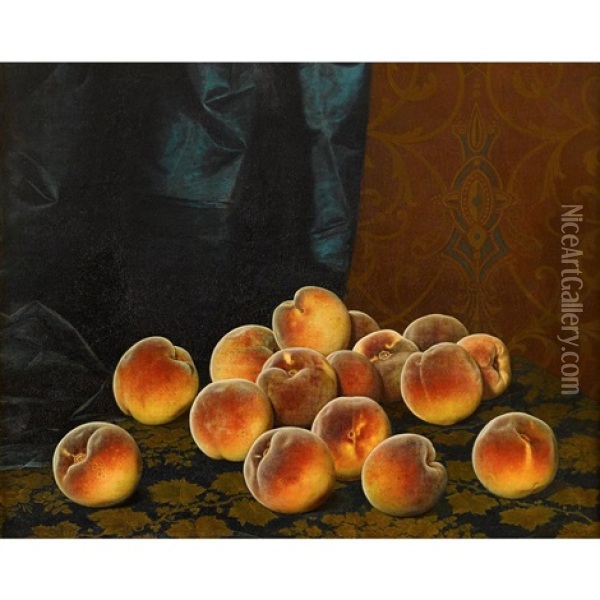 Still Life With Peaches On A Tapestry Oil Painting - William Mason Brown