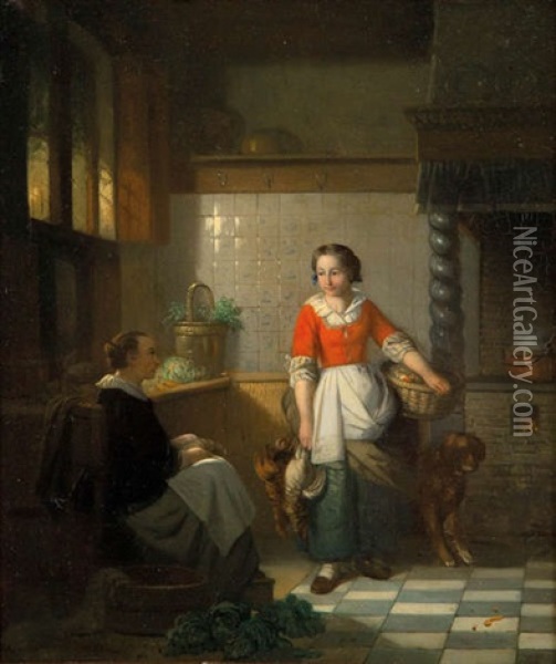 Jonge Keukenmeiden Aan Het Werk Oil Painting - Adrien Ferdinand de Braekeleer