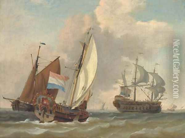 A Dutch Admiralty yacht running out to meet the flagship arriving at her anchorage Oil Painting - Dutch School