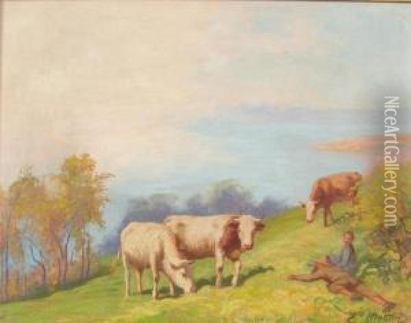 Hirtenidylle Mit Drei Kuhen Oberhalb Eines Sees. Oil Painting - Edouard Louis Aug. Metton
