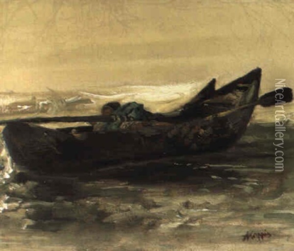 Treibendes Boot In Einer Vom Sturm Gepeitschten See Oil Painting - Albert Kappis