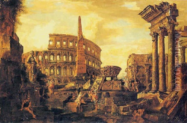 Veduta Ideata Del Colosseo E Delle Tre Colonne Del Tempio Dei Dioscuri Oil Painting - Giovanni Paolo Panini