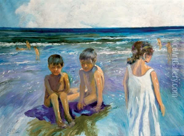 Ninos En La Playa Oil Painting - Ernesto Valls Sanmartin