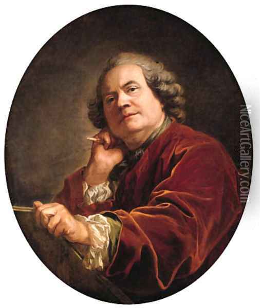 Portrait of the artist, half-length, in a red jacket Oil Painting - Louis Michel van Loo