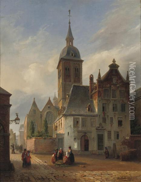 On The Sunlit Church Square Oil Painting - Henri Lallemand
