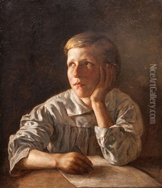 Boy At A Table Oil Painting - Alexei Vassileivich Tyranoviev