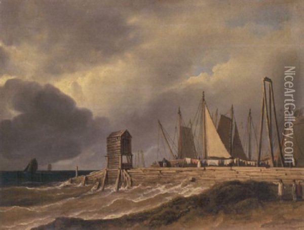 A Pier In Choppy Seas With Figures In The Foreground And Sailing Boats Beyond (the Old Fish Market At Brighton?) Oil Painting - James Arthur O'Connor