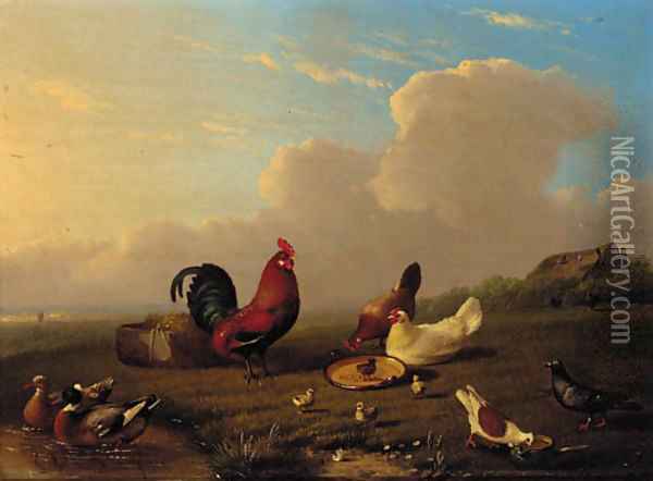 Chickens, ducks and pigeons in a landscape Oil Painting - Franz van Severdonck