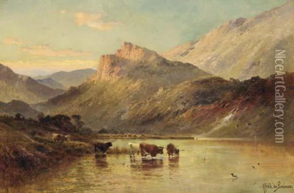 Cattle Watering In A Mountainous Landscape Oil Painting - Alfred de Breanski