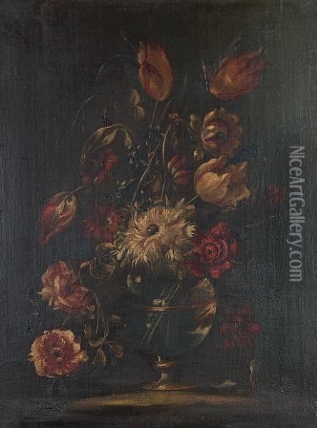 Tulips, Chrysanthemums, Convolvulus And Other Flowers In A Glass Vase On A Ledge Oil Painting - Mario Nuzzi Mario Dei Fiori