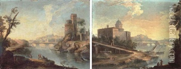 A Capriccio View Of The Tiber With The Ponte Sisto (+ A Capriccio With A Palazzo By A River; Pair) Oil Painting - Paolo Anesi